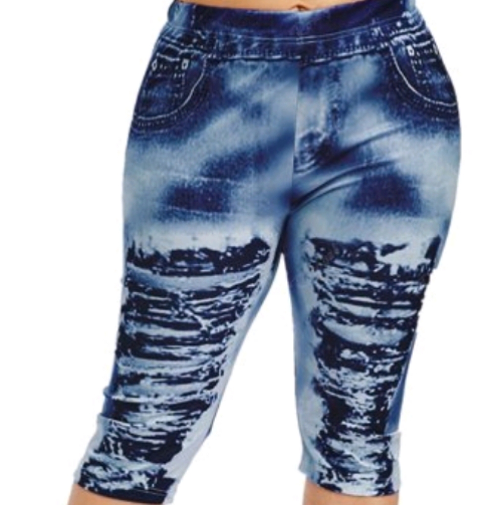 3D print denim leggings slim fit capri pants